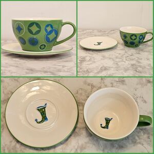 2006 Starbucks Christmas Elf Stocking Green Coffee Mug Tea Cup Saucer Plate Set